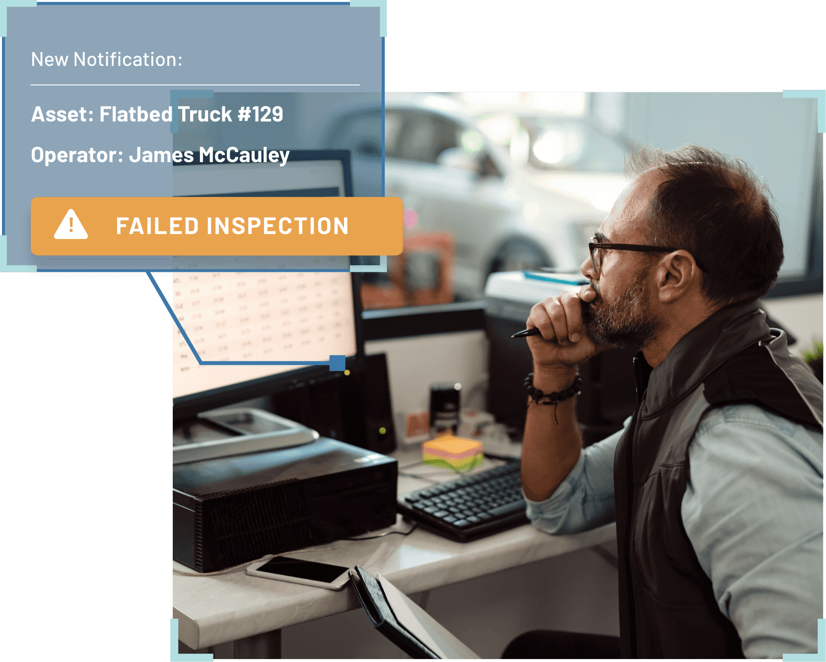 fleet manager reviewing a failed inspection