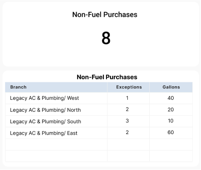 fuel management software dashboard of non-fuel purchases