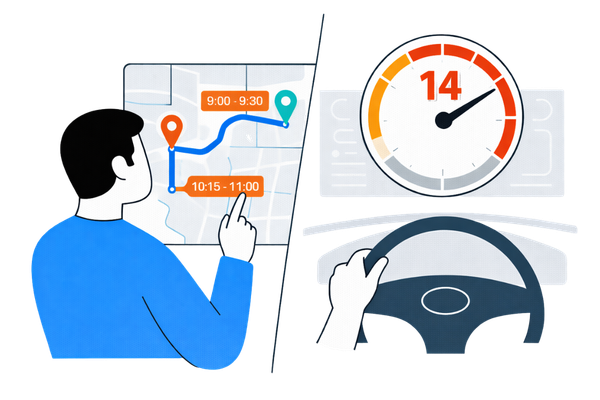 Dispatcher scheduling routes while driver dashboard shows 14-hour Hours of Service limit warning