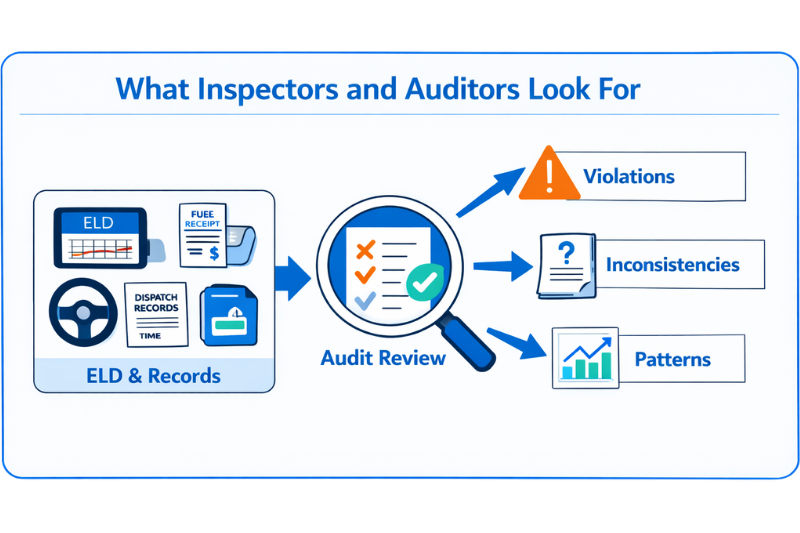 Diagram showing how ELD records, fuel receipts, and dispatch records are reviewed during roadside inspections and Hours of Service audits to uncover violations, inconsistencies, and compliance patterns