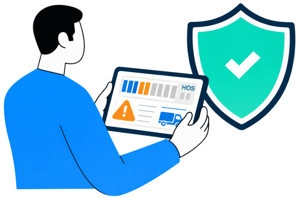 Fleet manager reviewing Hours of Service compliance dashboard with driving limits and safety alerts