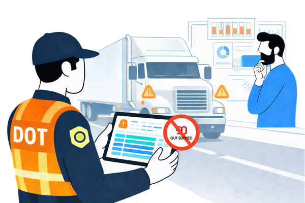 DOT officer reviewing driver log during roadside inspection with out-of-service warning