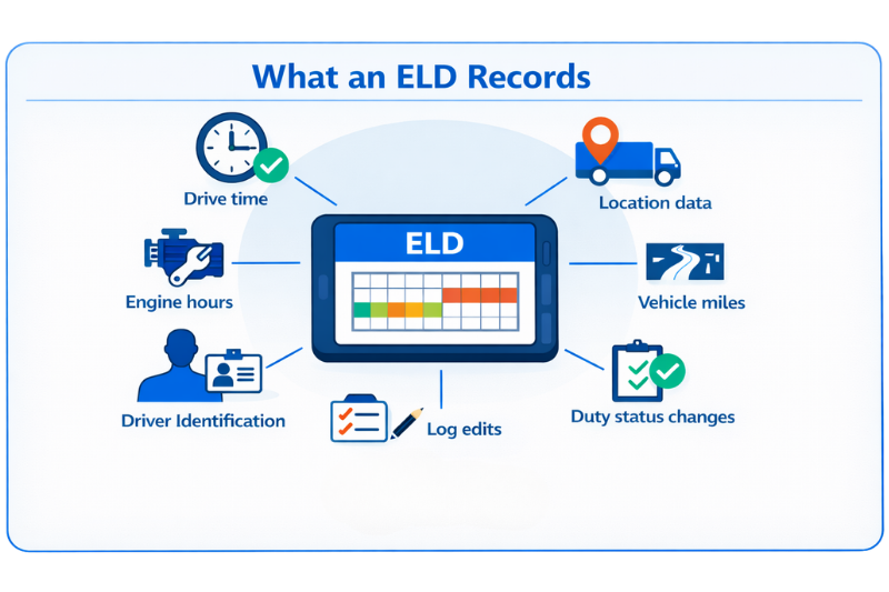 What an ELD records infographic for Hours of Service compliance, showing drive time, engine hours, vehicle miles, location data, duty status changes, and log edits.
