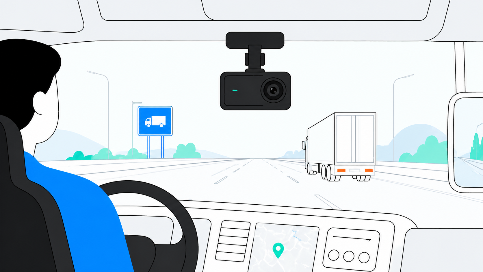 A dash cam mounted inside a commercial fleet vehicle, showing the road ahead through the windshield