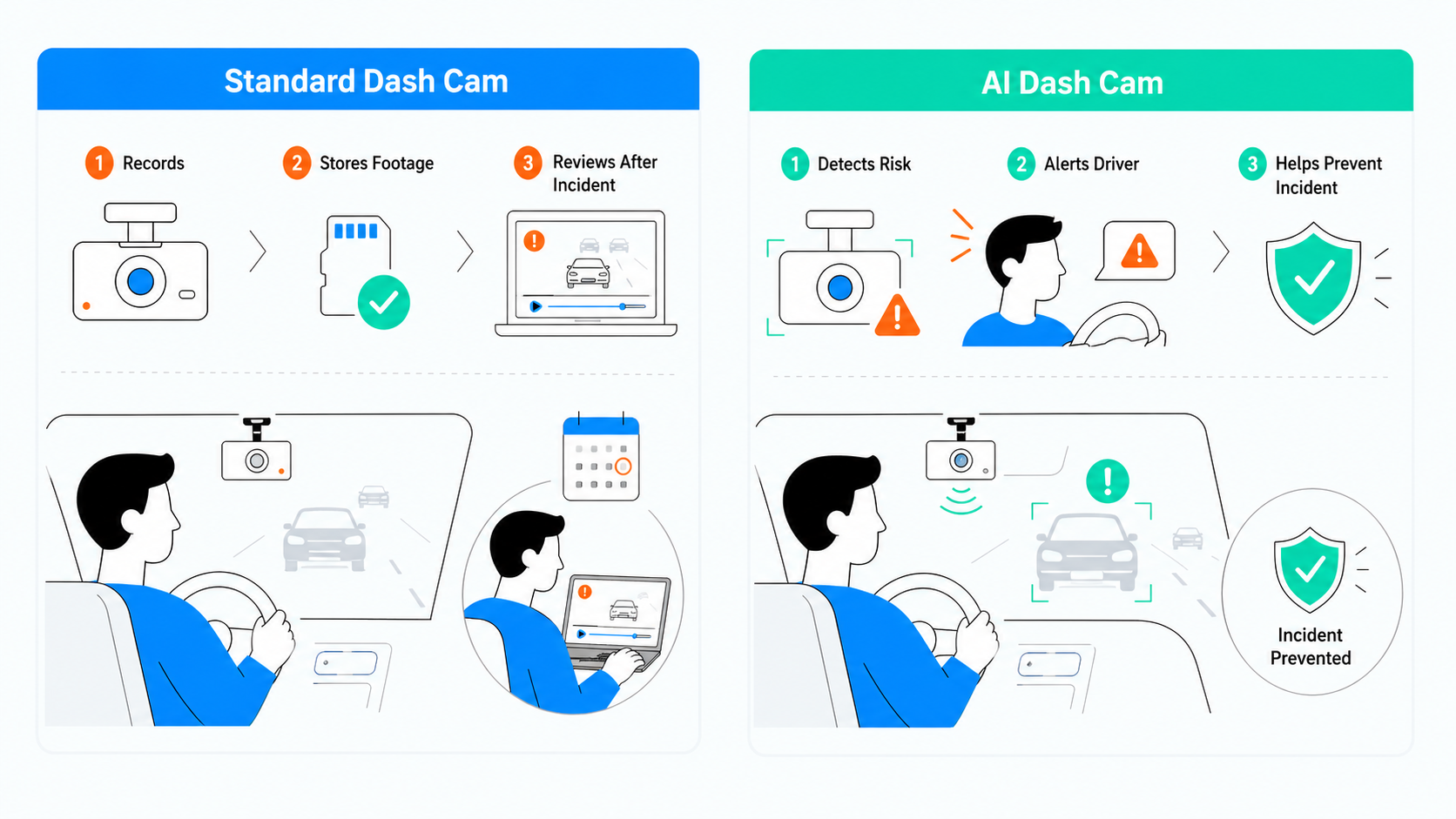 Comparison graphic showing how standard dash cams only record for later review while AI dash cams detect risky behavior and alert drivers in real time to prevent incidents