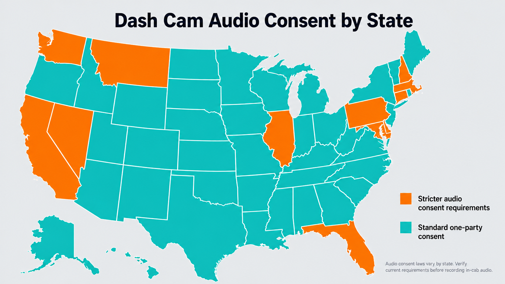 U.S. map highlighting all-party consent states versus one-party consent states for audio recording laws