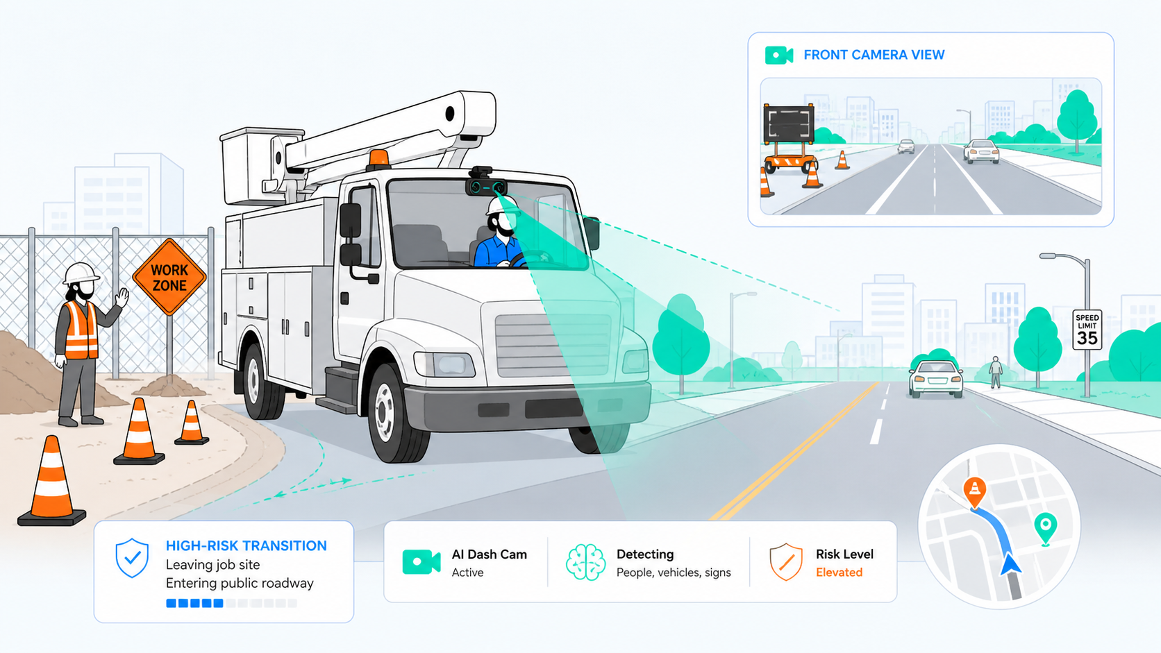 AI dash cam installed in a construction or utility truck pulling out of a job site onto a public road. Shows the forward lens view capturing both environments.