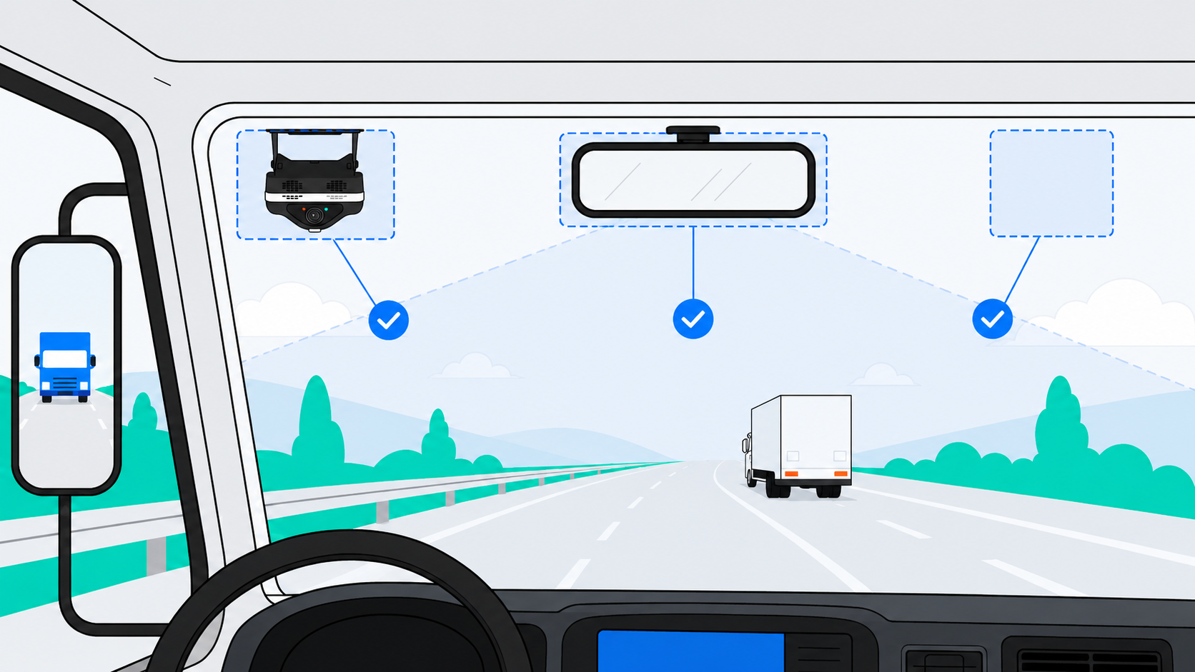 Diagram of legal dash cam mounting positions on a commercial truck windshield showing acceptable placement zones
