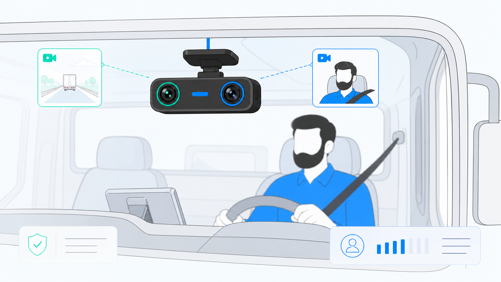 Dual-facing AI dash cam mounted on the windshield of a commercial fleet truck 