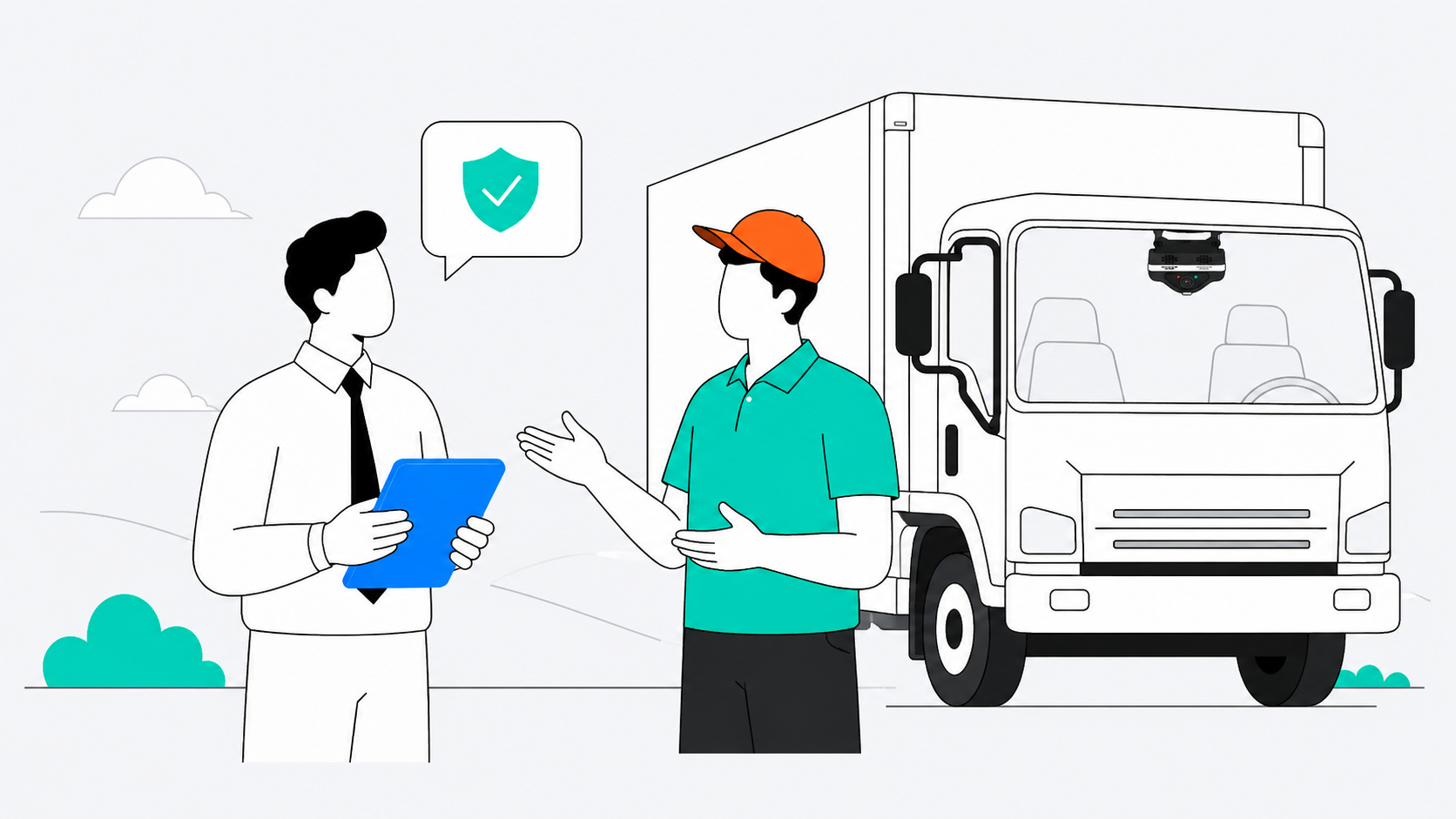 Fleet manager explaining dash cam policy to a commercial truck driver during an in-person meeting