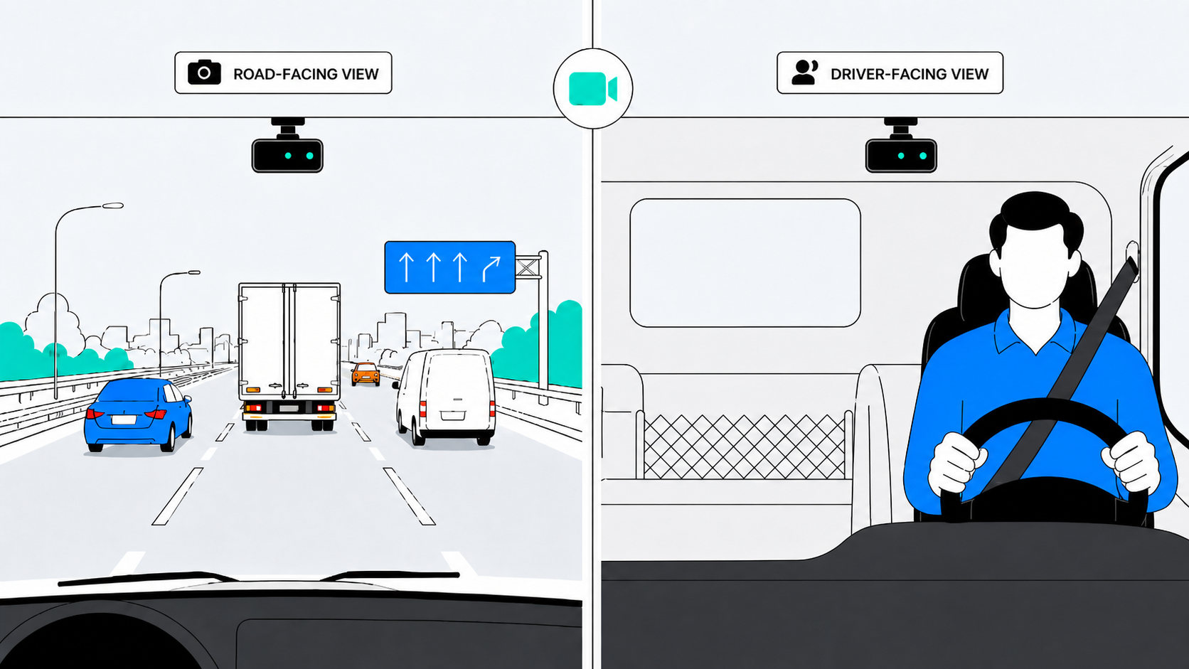 Split view showing what road-facing and driver-facing dash cam lenses capture, with a highway scene on the left and a vehicle cab interior on the right