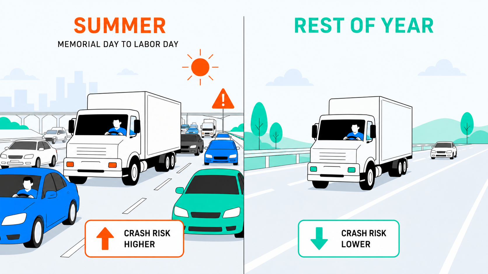 Infographic showing teen and overall driving fatalities spiking between Memorial Day and Labor Day, with a commercial fleet truck navigating heavy summer traffic