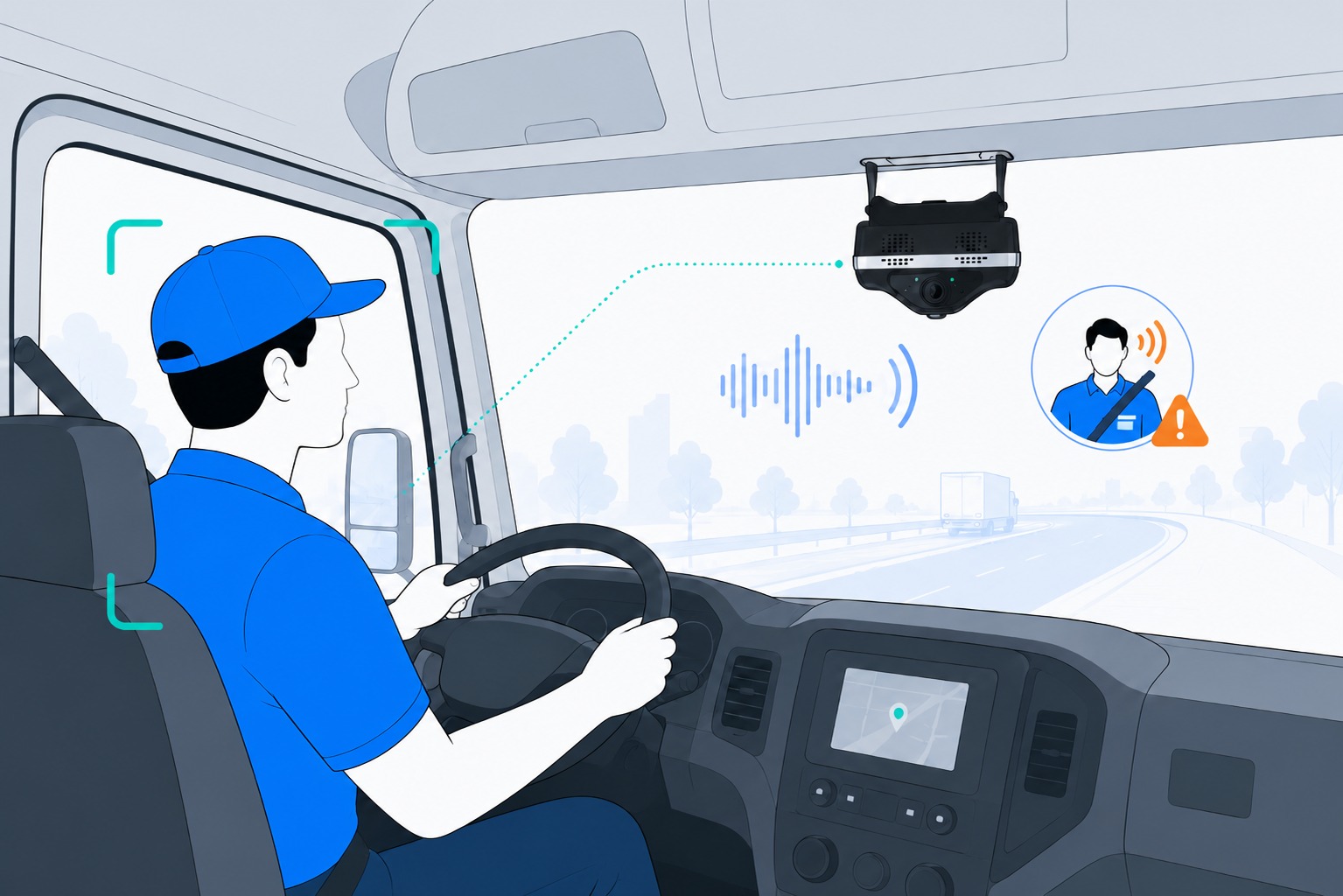AI dash cam delivering a real-time in-cab audio coaching alert to a fleet driver