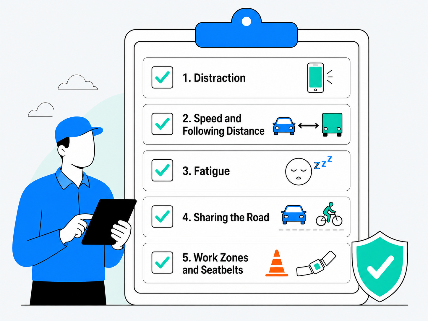 Branded summer driving safety checklist showing distraction, speed and following distance, fatigue, sharing the road, and work zones and seatbelts