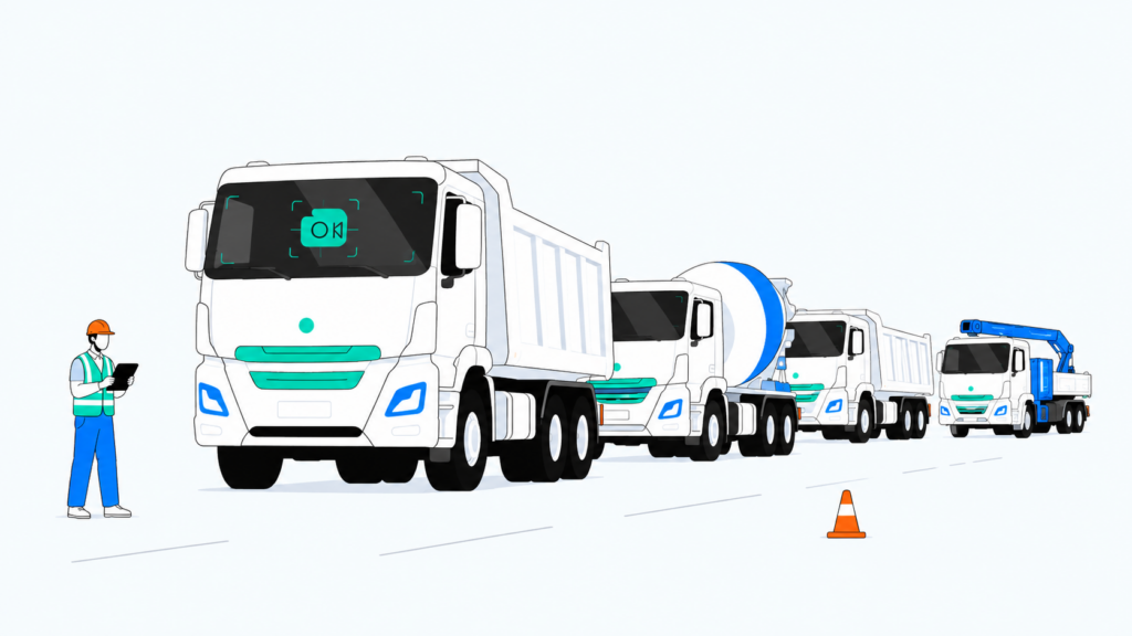 Construction fleet trucks lined up at an active job site, equipped with AI dash cam technology for fleet safety monitoring