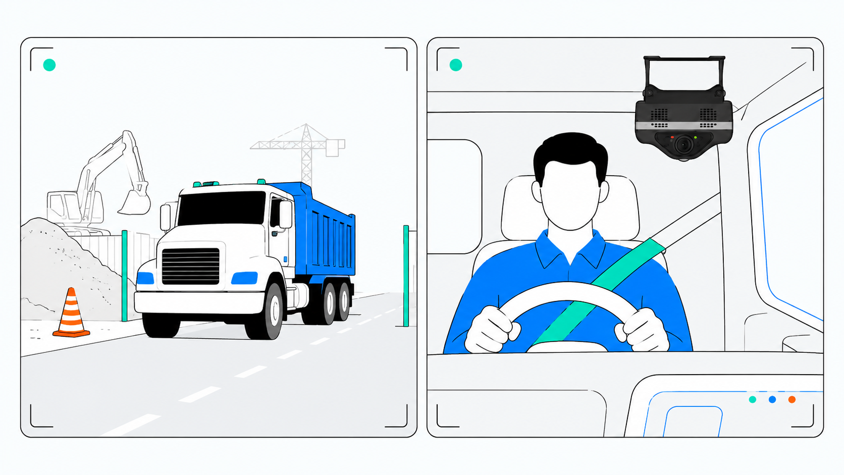 Dual-facing AI dash cam footage showing simultaneous road-facing and driver-facing camera views in a construction fleet truck