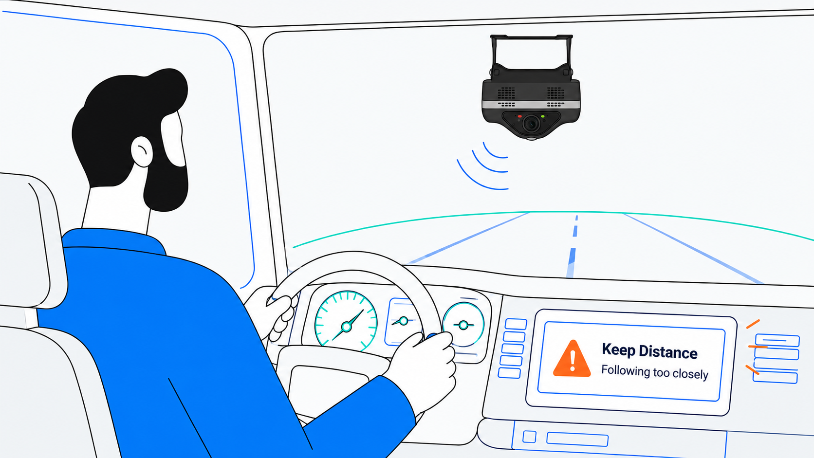 AI dash cam mounted inside a construction truck cab delivering real-time driver coaching alerts