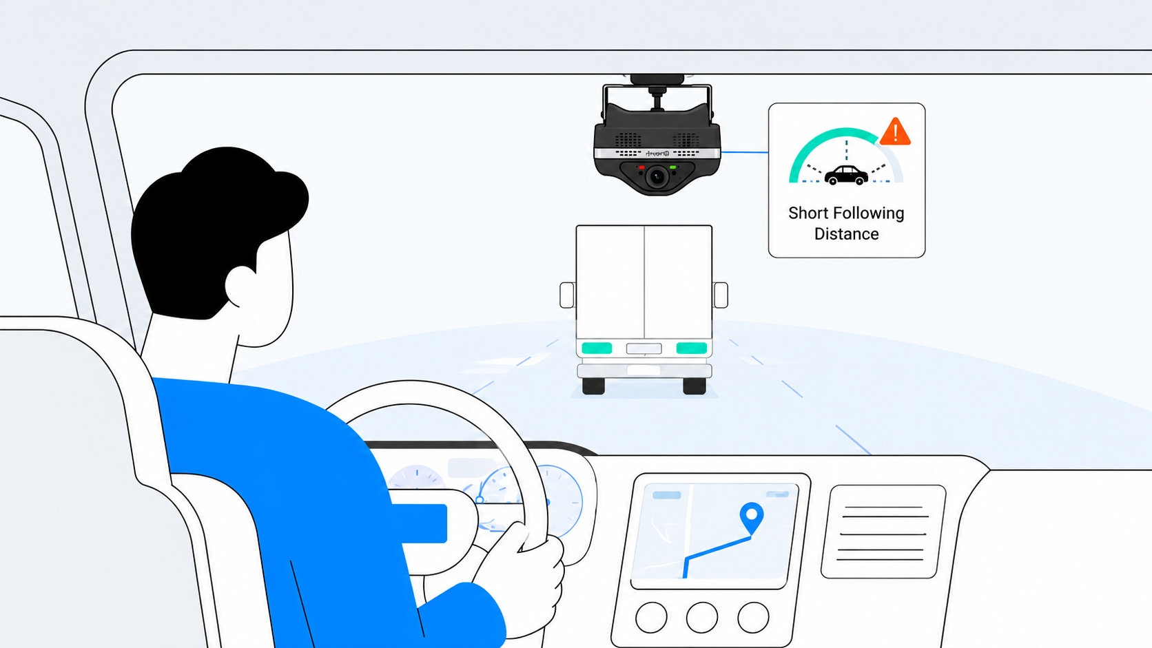 Driver in a commercial vehicle cab with a dual-facing AI dash cam detecting a short following distance