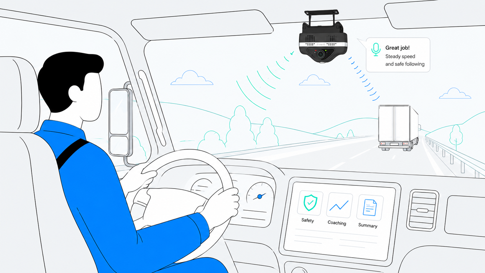 Fleet driver in a truck cab with a dual-facing AI dash cam mounted on the windshield