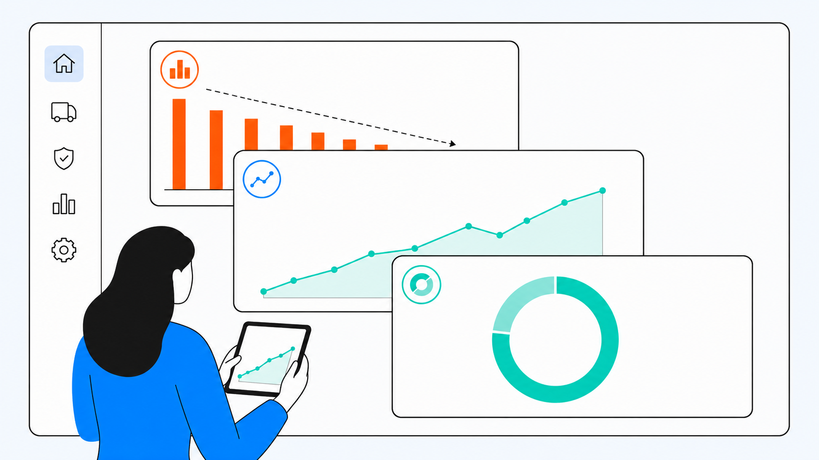 Layered dashboard mockup showing daily operating, weekly management, and monthly executive views of fleet productivity metrics.