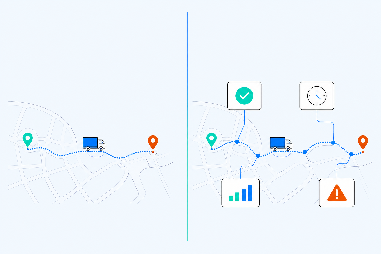Side-by-side comparison showing a GPS breadcrumb trail on the left and the same trip annotated with job outcome, on-site time, and cost on the right.