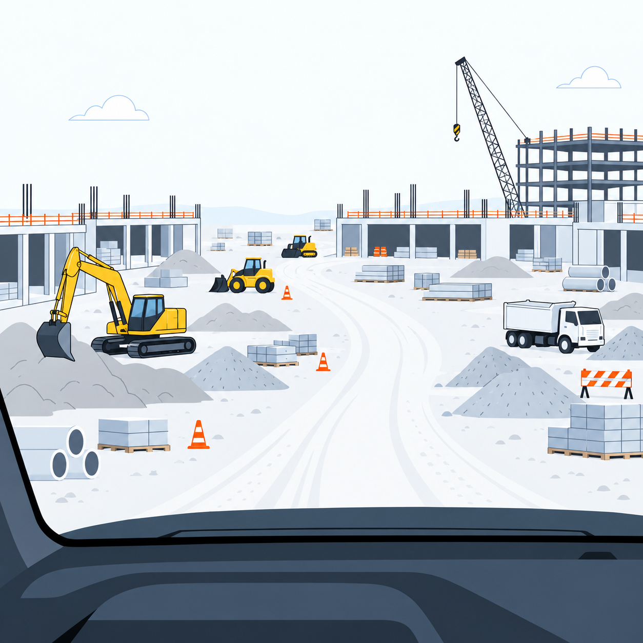Dashboard view from inside a vehicle overlooking a busy construction site.