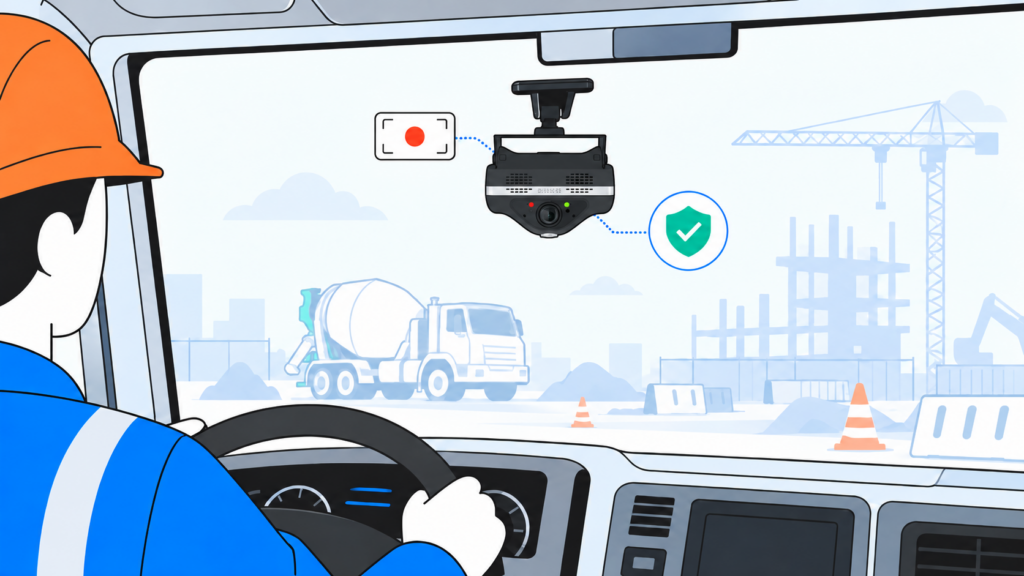 Close-up of a dash cam mounted below a rearview mirror against a cloudy sky.