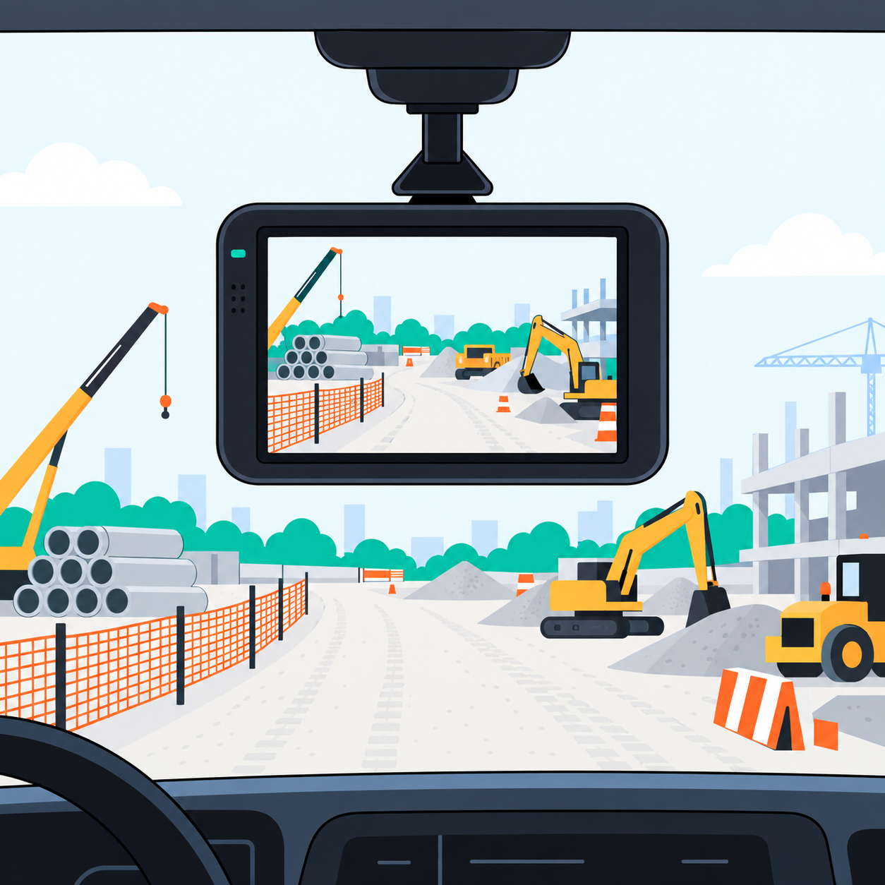 Dash cam displaying a live feed of a construction site road with equipment.