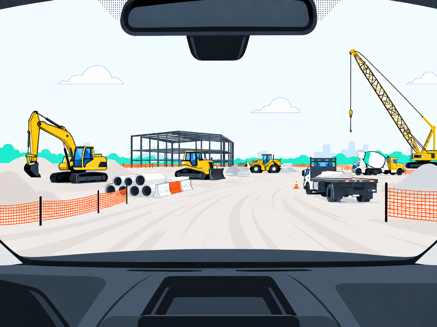 Truck dashboard view showing excavators and cranes at a construction site.